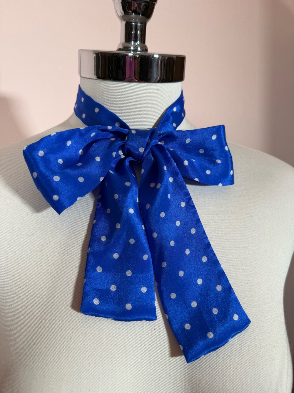Vintage specialty House Royal blue white polka dot Silk bow neck scarf Twilly